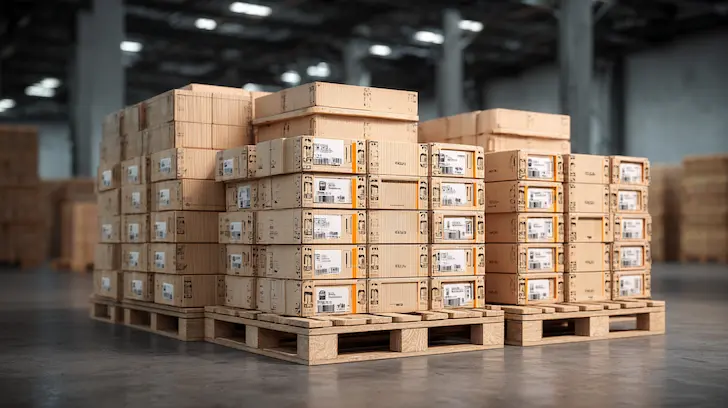 Custom engineered retail pallets with SSCC logistics labels for technical product distribution